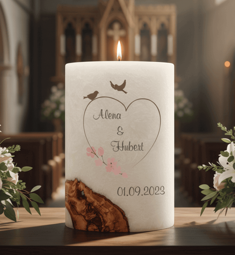 "Vogelpaar im Herz" Hochzeitskerze mit Holzelement. 14 x 21 cm oval mit Teelicht oder Docht