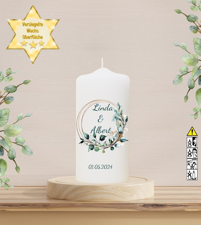 Personalisierte Hochzeitskerze "Eukalyptus Ring gold" 20 cm Personalisierte Hochzeitskerze "Eukalyptus Ring gold" 20 cm