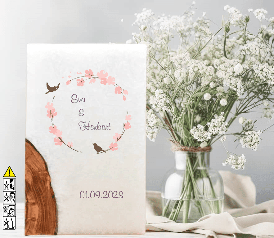 Hochzeitskerze mit Holzelement. Motiv: Vogelpaar günstig in unserem Onlineshop kaufen. Personalisierte Hochzeitskerze online kaufen