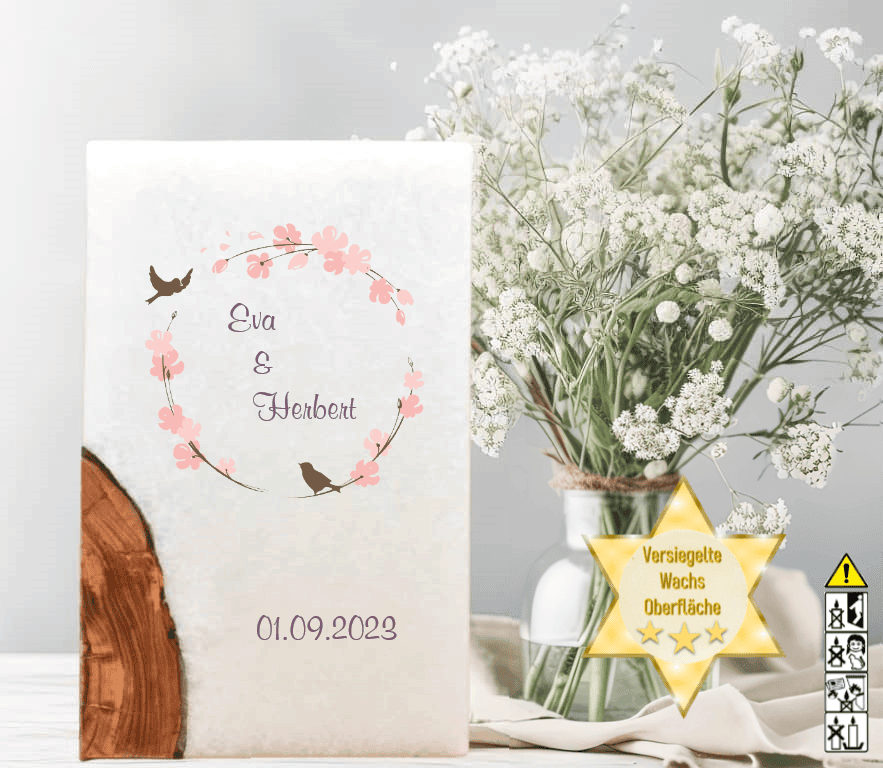 Hochzeitskerze mit Holzelement. Motiv: Vogelpaar günstig in unserem Onlineshop kaufen. Personalisierte Hochzeitskerze online kaufen