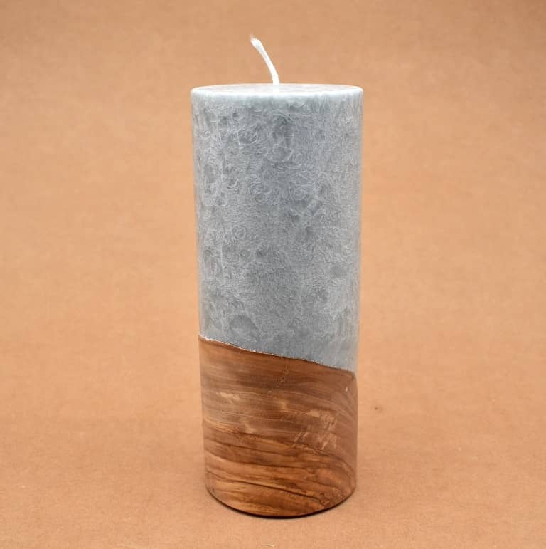 Kerze mit Holz Unikat Rund 80 x 200 mm mit Docht in silbergrau Nr.: 1