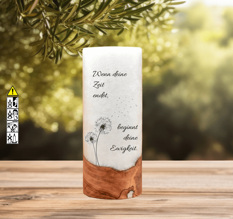 Trauerkerze mit Holz und Teelicht "Wenn deine Zeit endet,...." Trauerkerze mit Holz und Teelicht "Wenn deine Zeit endet,...."