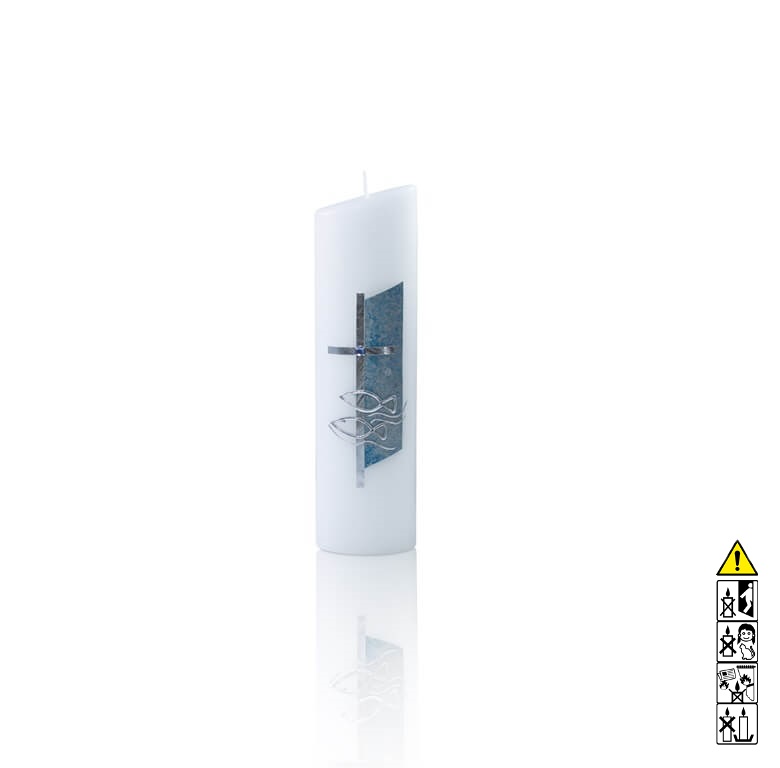 Hochwertige Taufkerze Junge Ellipse schräg Kreuz und Fische in Silber auf blauen Grund 240 x 90/65 mm