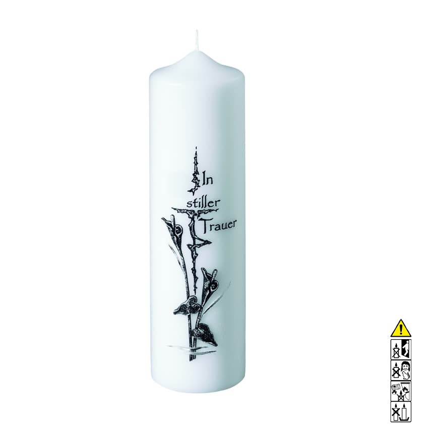 Gedenkkerze weiss In stiller Trauer Kreuz Calla 250 x 70 mm Eine edle Kerze für die Trauer und zum Gedenken weiss In stiller Trauer Kreuz Calla 250 x 70 mm