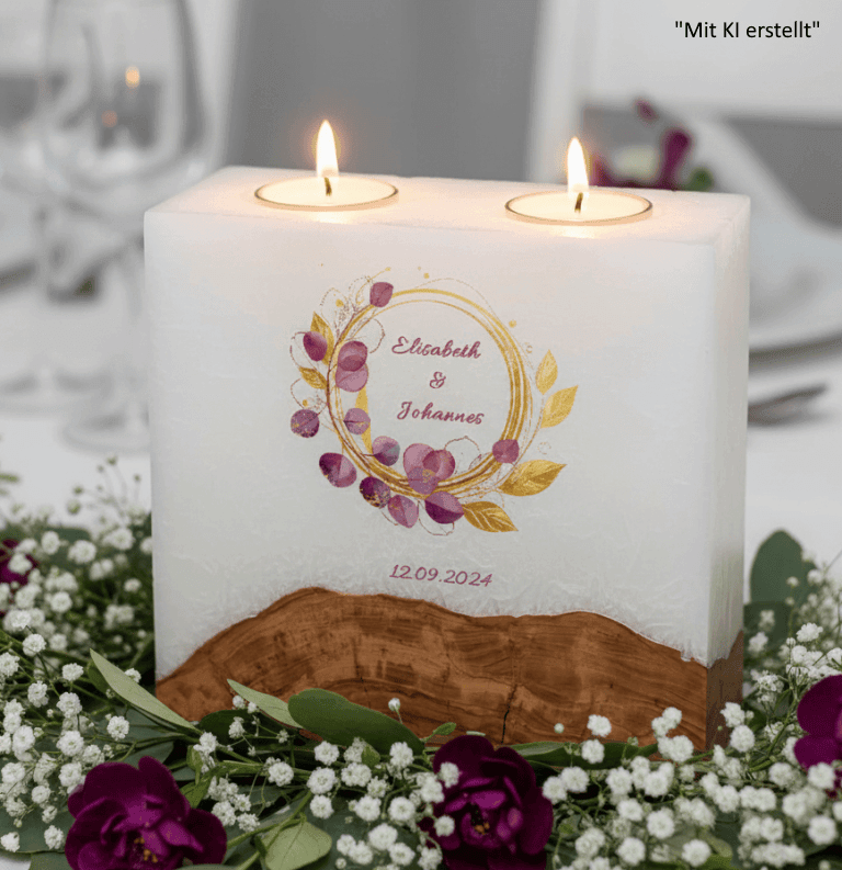 Hochzeitskerze "Eukalyptus Bordaux" mit Sockel und 2 Teelichter 20 x 20 cm