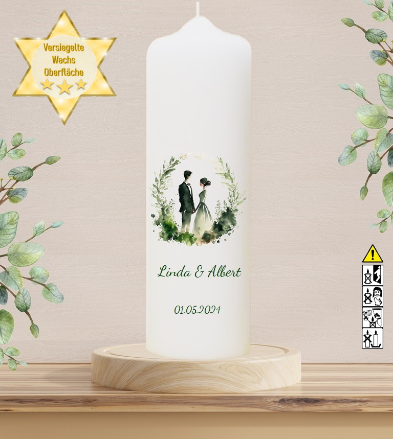 Personalisierte Hochzeitskerze "Brautpaar im Kranz" 30 cm Personalisierte Hochzeitskerze "Brautpaar im Kranz" 30 cm