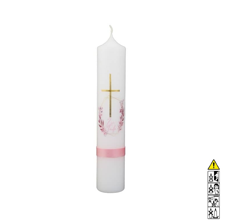 Taufkerze Mädchen Kreuz mit Blumenkranz und Schriftzug "Zur Taufe" in rosa Hochwertige Taufkerze Mädchen goldenes Kreuz mit Blumenkranz und Schriftzug "Zur Taufe" in rosa 265 x 50 mm