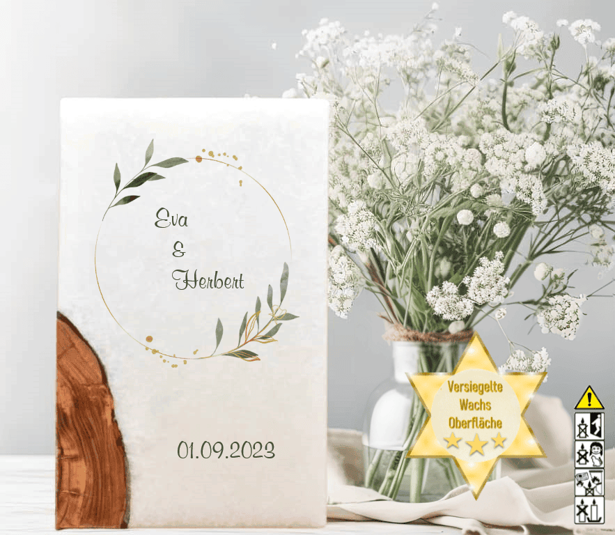 Hochzeitskerze mit Holzelement. Motiv: Olivenkranz günstig in unserem Onlineshop kaufen. Personalisierte Hochzeitskerze online kaufen