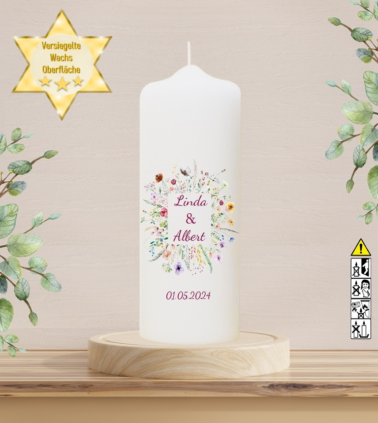 Personalisierte Hochzeitskerze "Blumen Rahmen" 25 cm Personalisierte Hochzeitskerze "Blumen Rahmen" 25 cm