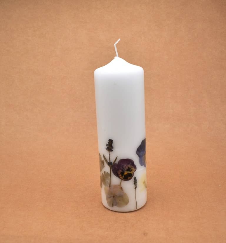 Kerze mit Blumen handgefertigt Stumpen Ø 70 x 230 mm rund