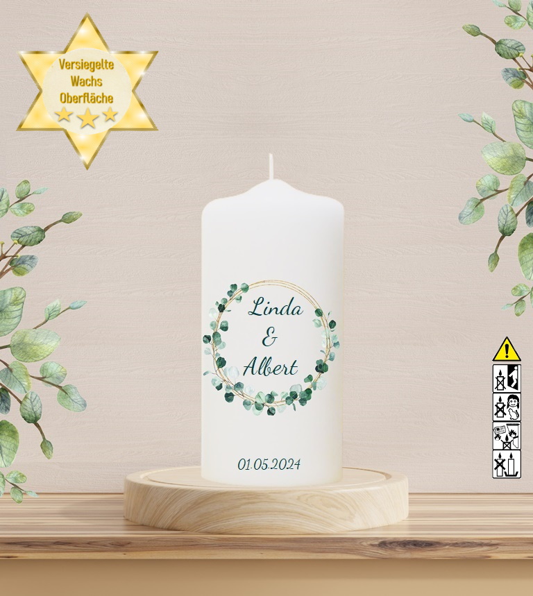 Personalisierte Hochzeitskerze "Eukalyptus Kranz" 20 cm Personalisierte Hochzeitskerze "Eukalyptus Kranz" 20 cm