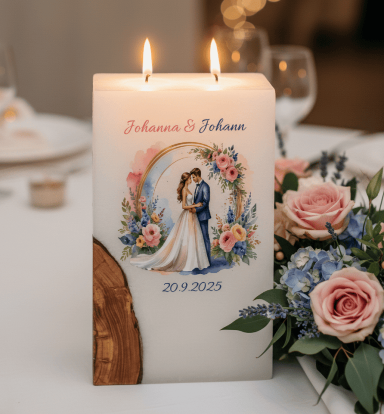 "Brautpaar im Rosenbogen" Hochzeitskerze mit Holz und 2 Teelichter 14 x 21 cm