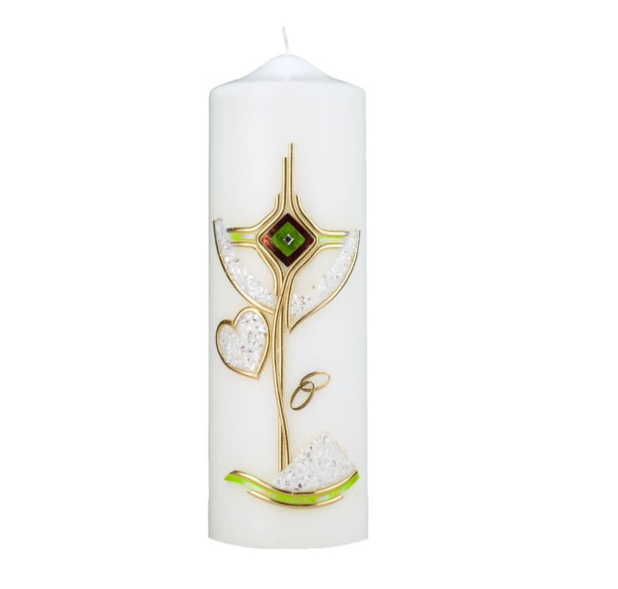 Hochwertige individuelle Hochzeitskerze für die Trauung goldenens Kreuz mit Herz Rundkerze 250 x 80 mm