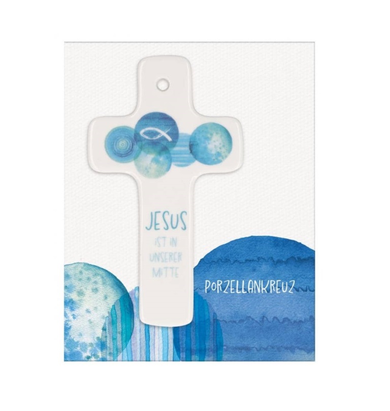 Porzellankreuz - Jesus ist in unserer Mitte - 11 x 6,5 cm