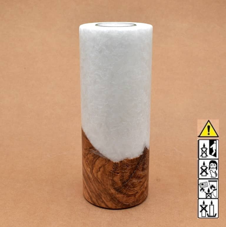 Kerze 80x200mm mit Holzelement, Individuelle, persönliche Hochzeitskerze  Holzkerze, Rund Stearinoptik, Hochzeitskerze mit Teelicht im Kerzen online Shop für Hochzeiten bestellen, günstig kaufen.