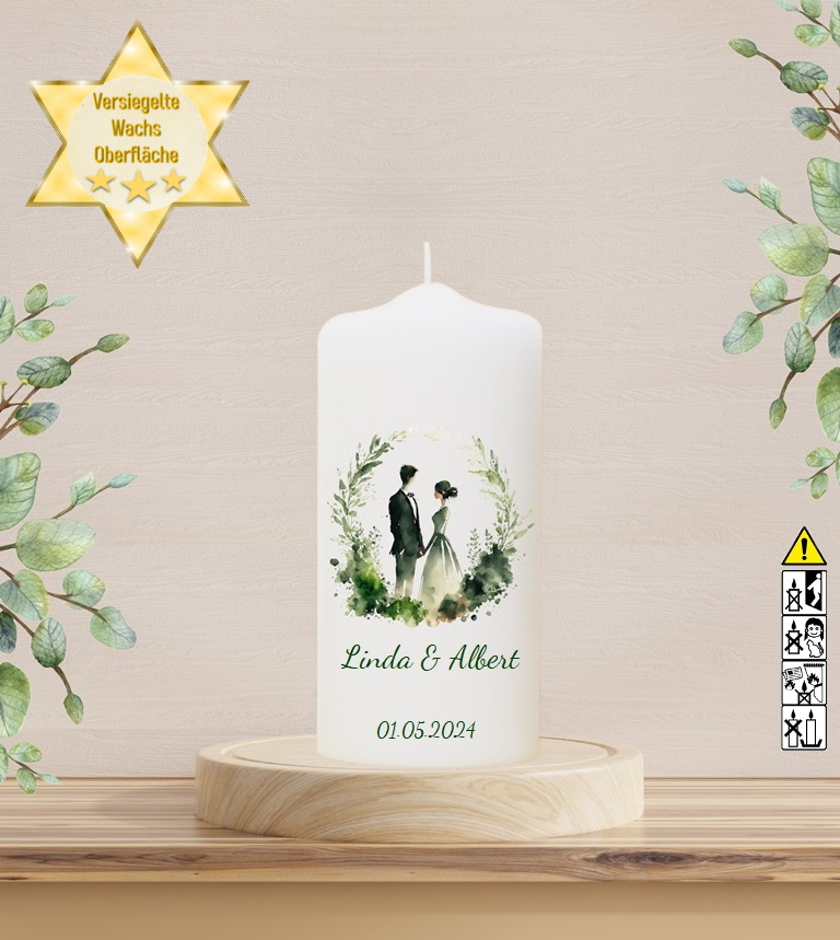 Personalisierte Hochzeitskerze "Brautpaar im Kranz" 20 cm Personalisierte Hochzeitskerze "Brautpaar im Kranz" 20 cm