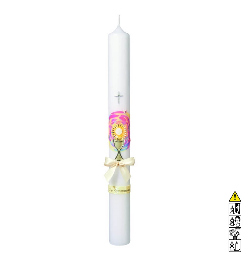 Kommunionkerze / Konfirmationskerze Kelch auf pink Kreuz 400 x 40 mm Kommunionkerze und Konfirmationkerze kaufen mit Motiv. Kelch auf pink Kreuz 400 x 40 mm