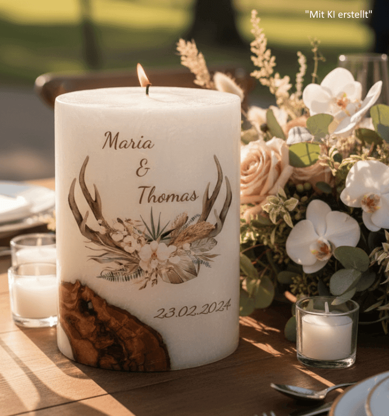 "Geweih" Hochzeitskerze mit Holzelement 14 x 21 cm oval mit Teelicht oder Docht