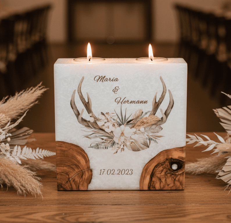 "Jäger" Hochzeitskerze mit 2 Holzelementen und 2 Teelichter 20 x 20 cm