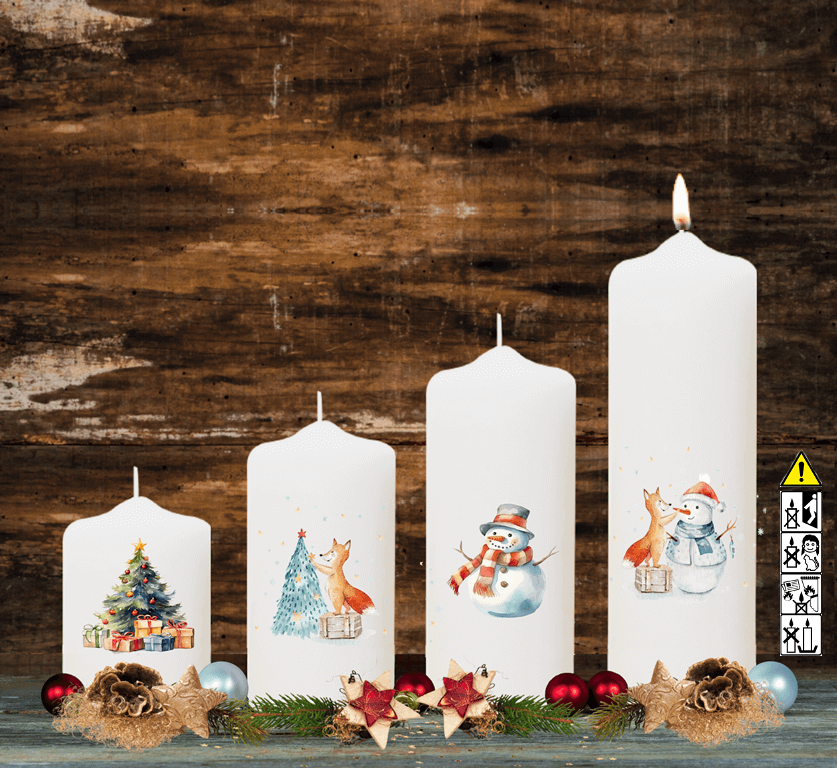Adventskranzkerzen Motive "Fuchs, Weihnachtsbaum, Schneemann" 4-Set abgestuft