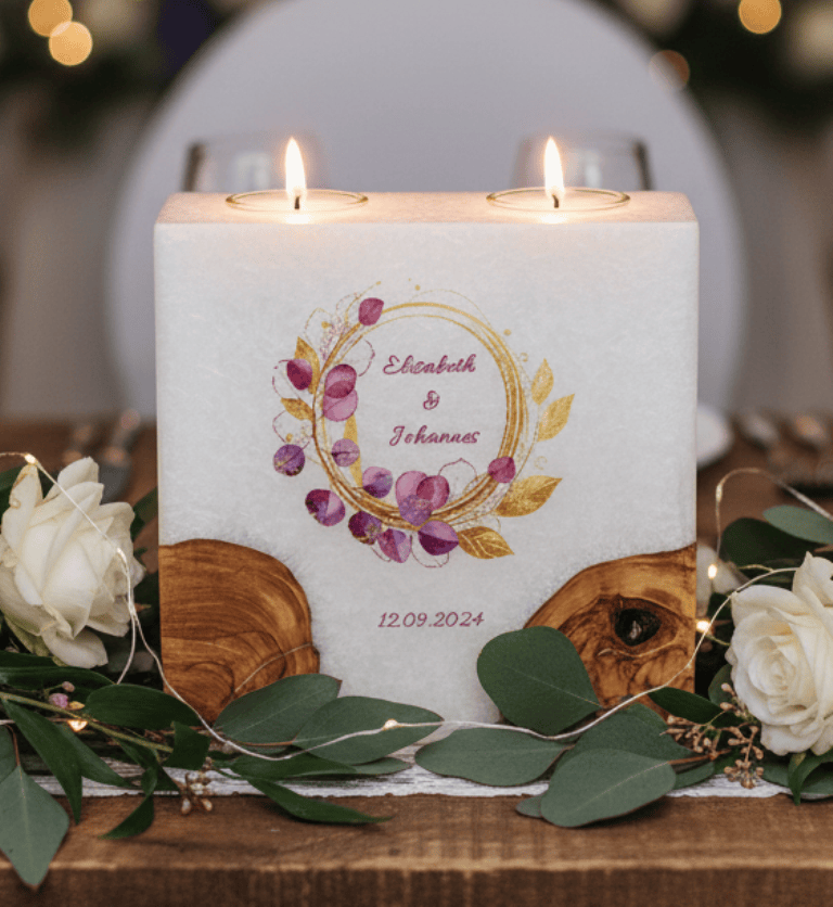 Hochzeitskerze "Eukalyptus Bordaux" mit 2 Holzelementen und 2 Teelichter 20 x 20 cm