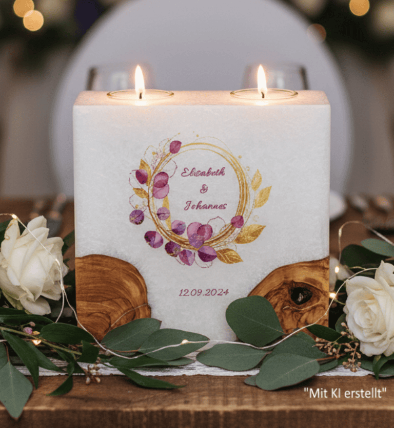 Hochzeitskerze "Eukalyptus Bordaux" mit 2 Holzelementen und 2 Teelichter 20 x 20 cm