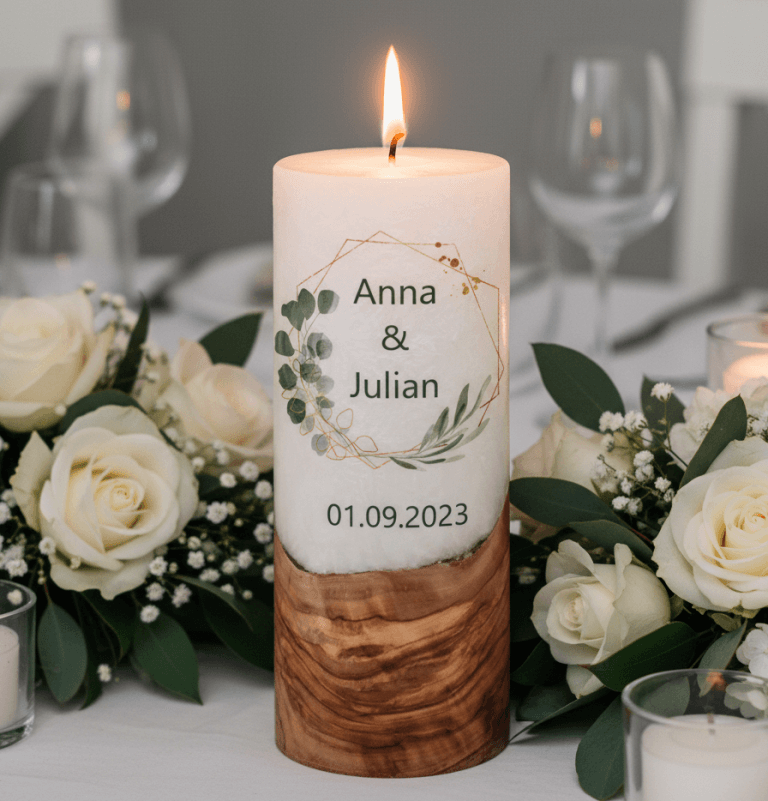 "Oliven und Eukalyptus" 25 cm Hochzeitskerze mit Holzelement