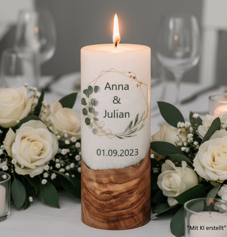 "Oliven und Eukalyptus" 25 cm Hochzeitskerze mit Holzelement
