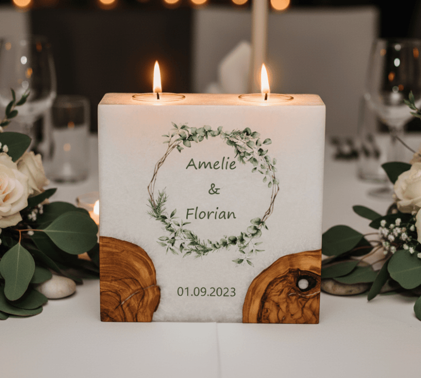 Hochzeitskerze Eukalyptus und Zweigen mit 2 Holzelementen und 2 Teelichter 20 x 20 cm