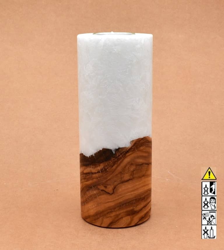 Kerze 80x200mm mit Holzelement, Individuelle, persönliche Hochzeitskerze  Holzkerze, Rund Stearinoptik, Hochzeitskerze mit Teelicht im Kerzen online Shop für Hochzeiten bestellen, günstig kaufen.