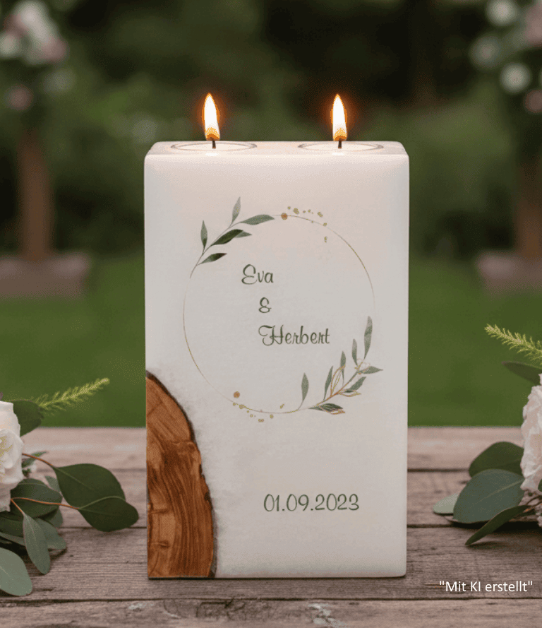 "Olivenkranz" Hochzeitskerze mit Holz und 2 Teelichter 14 x 21 cm