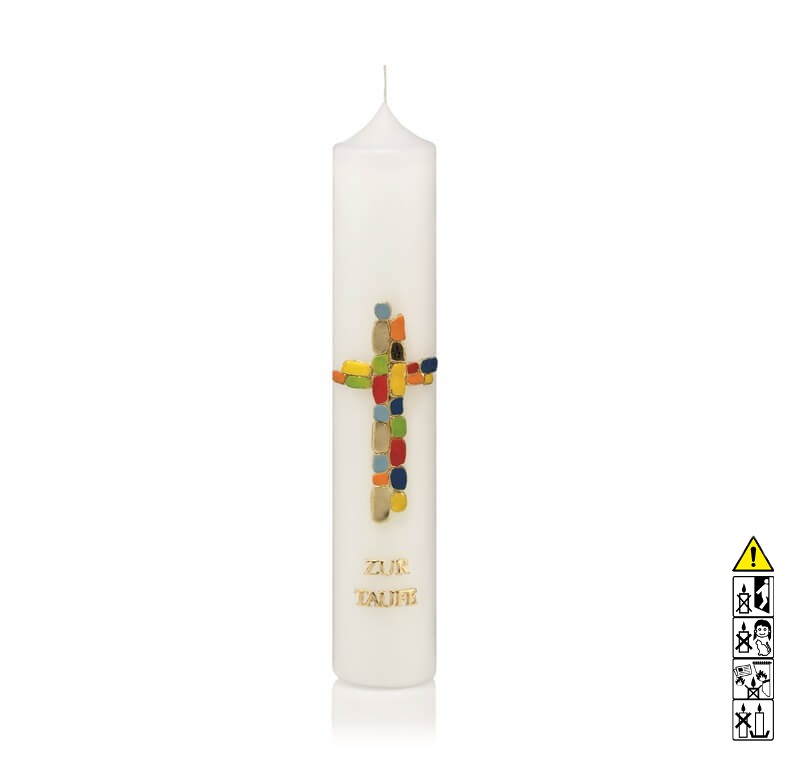 Taufkerze Buntes Kreuz Taufspruch "Zur Taufe" Hochwertige Taufkerze Buntes Kreuz Taufspruch "Zur Taufe" 265 x 50 mm