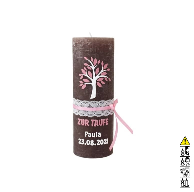 Hochwertige Taufkerze Mädchen Rustica schlamm mit Lebensbaum in weiss rosa mit Spitze 190 x 68 mm