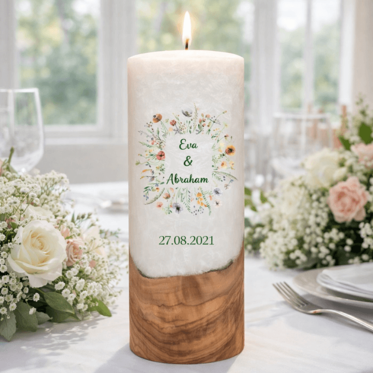 "Blumen Rahmen" Hochzeitskerze mit Holzelement 30 cm hoch