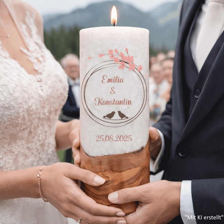 "Vogelpaar 1" Hochzeitskerze mit Holzelement 30 cm hoch