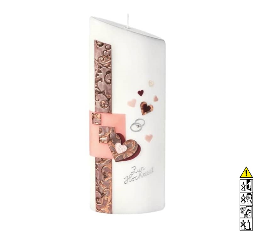 Hochwertige individuelle Hochzeitskerze für die Trauung Herzen aus Rosegold Elipse abgeschrägt 230 x 90/55 mm