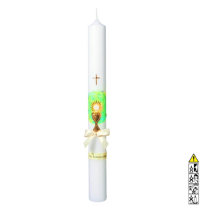 Kommunionkerze / Konfirmationskerze Kelch auf grün Kreuz 400 x 40 mm Kommunionkerze und Konfirmationkerze kaufen mit Motiv. Kelch auf grün Kreuz 400 x 40 mm
