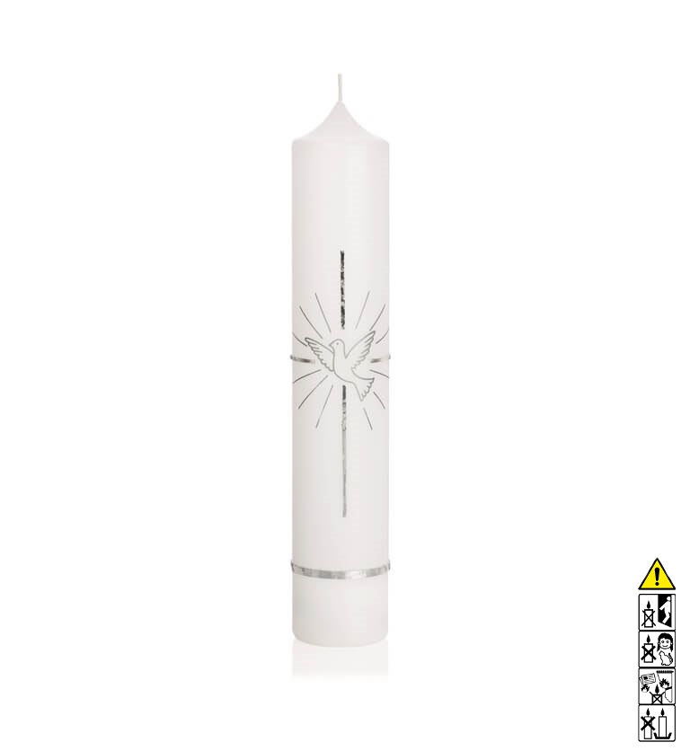 Taufkerze Kreuz mit Taube und Strahlen in silber Hochwertige Taufkerze Kreuz mit Taube und Strahlen in silber 265 x 50 mm