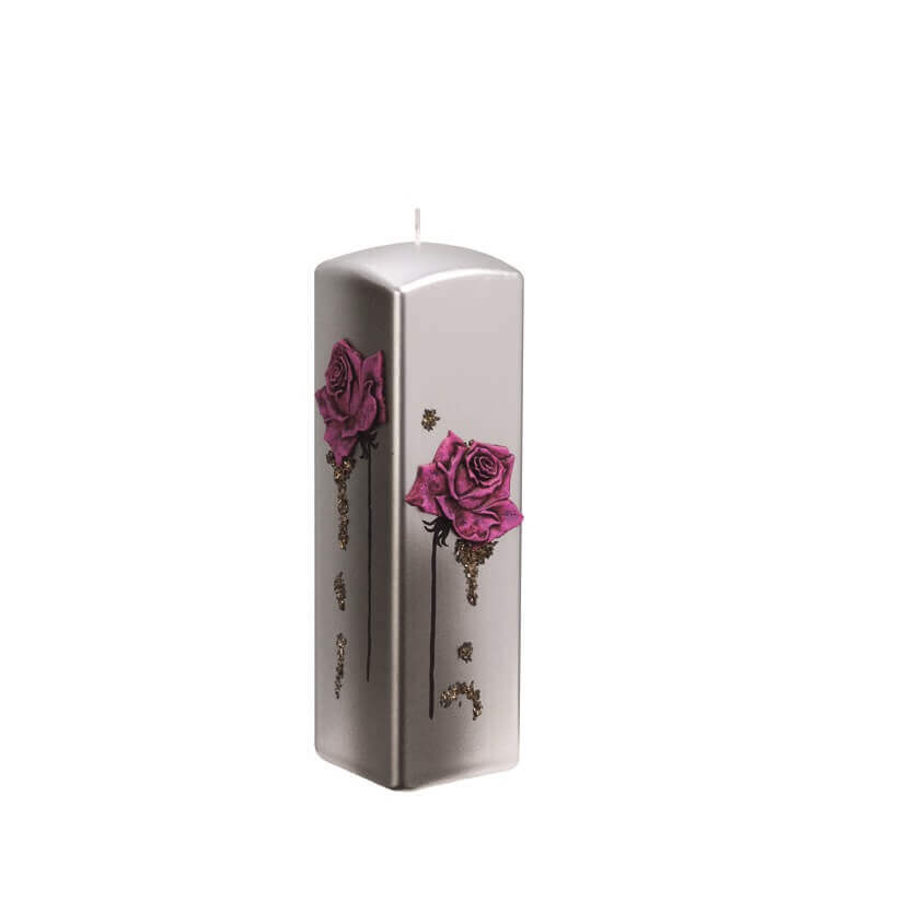 Hochwertige Kerze zum Geburtstag kaufen Rose mit Verzierung in Silber Kerze in rot Quader 200 x 60 x 60 mm
