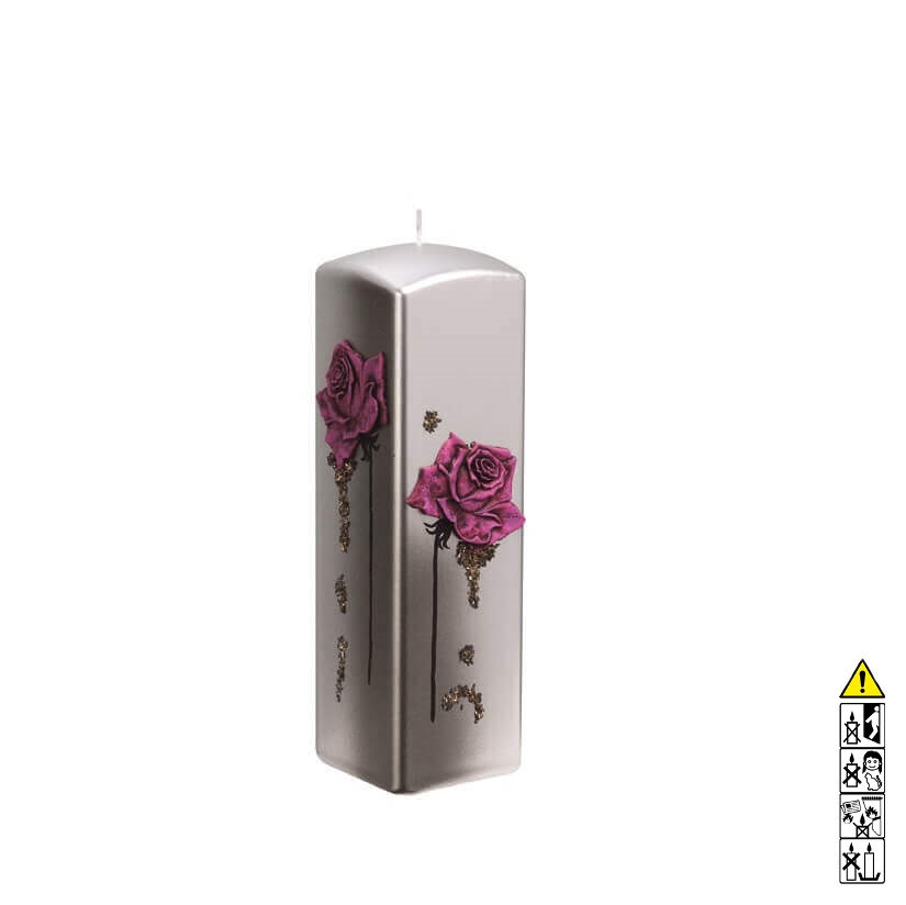 Geburtstagskerze Rose mit Verzierung in Silber Kerze in rot Quader Hochwertige Kerze zum Geburtstag kaufen Rose mit Verzierung in Silber Kerze in rot Quader 200 x 60 x 60 mm