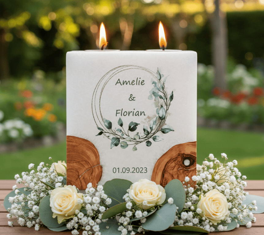Hochzeitskerze Eukalyptus Ring in Gold mit 2 Holzelementen und 2 Teelichter 20 x 20 cm