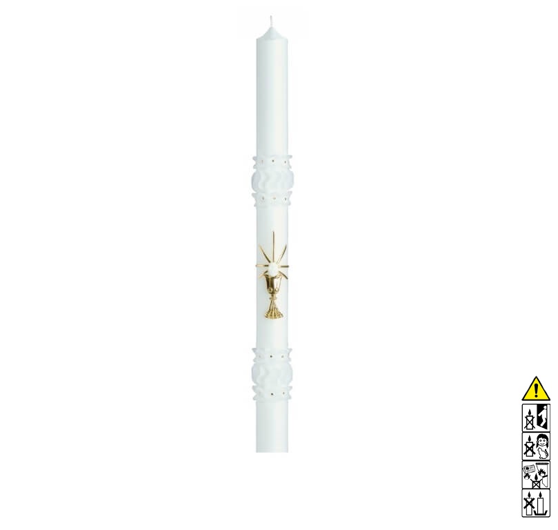 Kommunionkerze / Konfirmationskerze Kelch in Gold mt Hostie 500 x 30 mm Kommunionkerze und Konfirmationkerze kaufen mit Motiv. Kelch in Gold mt Hostie 500 x 30 mm