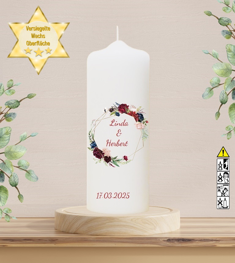 Personalisierte Hochzeitskerze "Rosenkranz" 25 cm Personalisierte Hochzeitskerze "Rosenkranz" 25 cm