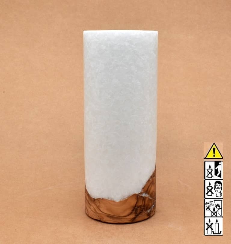 Kerze 80x200mm mit Holzelement, Individuelle, persönliche Hochzeitskerze  Holzkerze, Rund Stearinoptik, Hochzeitskerze mit Teelicht im Kerzen online Shop für Hochzeiten bestellen, günstig kaufen.