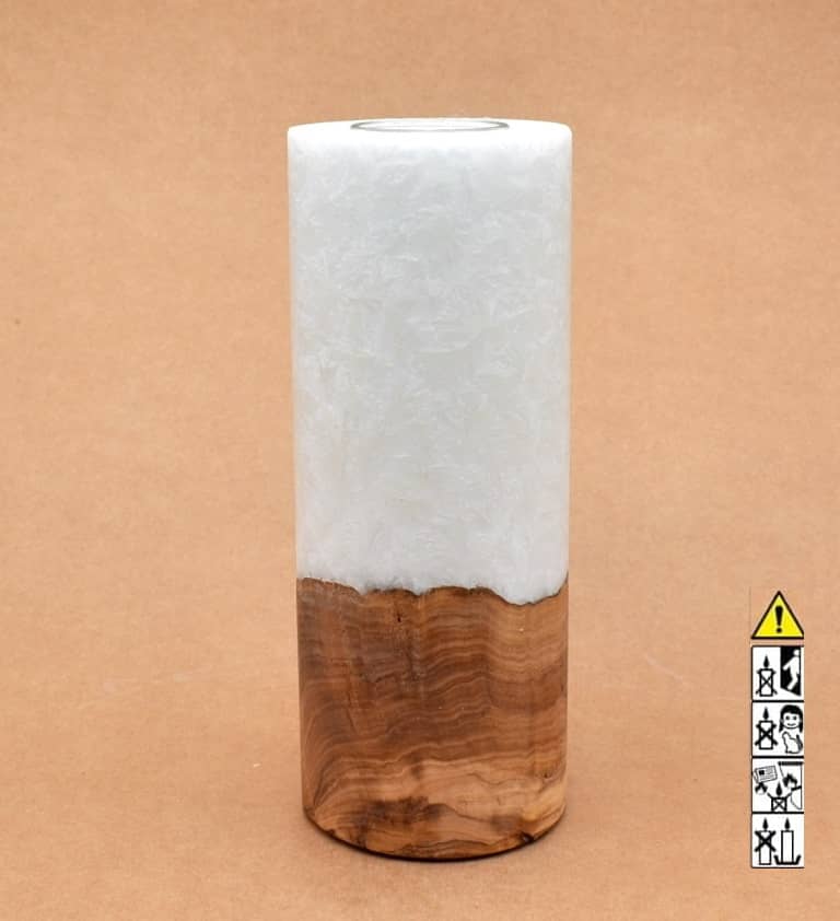 Kerze 80x200mm mit Holzelement, Individuelle, persönliche Hochzeitskerze  Holzkerze, Rund Stearinoptik, Hochzeitskerze mit Teelicht im Kerzen online Shop für Hochzeiten bestellen, günstig kaufen.