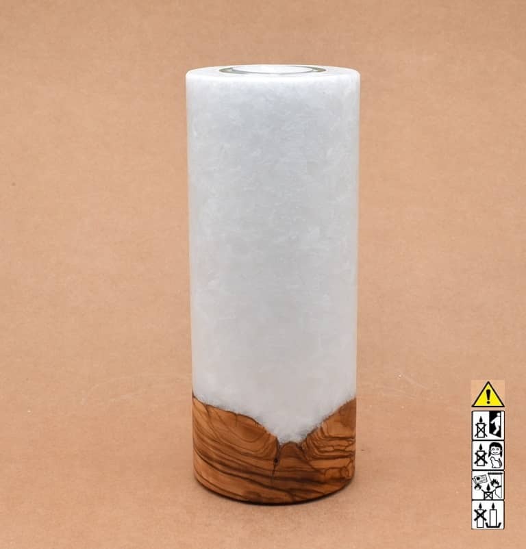 Kerze 80x200mm mit Holzelement, Individuelle, persönliche Hochzeitskerze  Holzkerze, Rund Stearinoptik, Hochzeitskerze mit Teelicht im Kerzen online Shop für Hochzeiten bestellen, günstig kaufen.