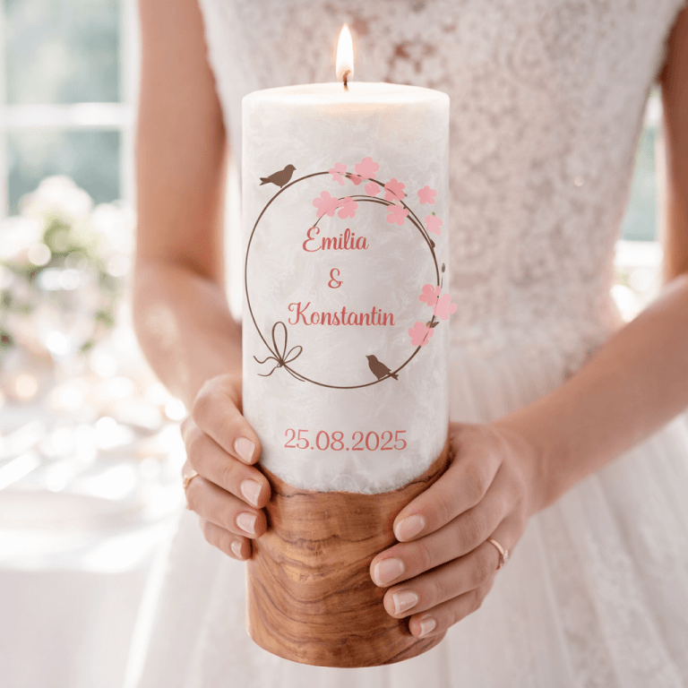 "Vogelpaar 3" Hochzeitskerze mit Holzelement 30 cm hoch
