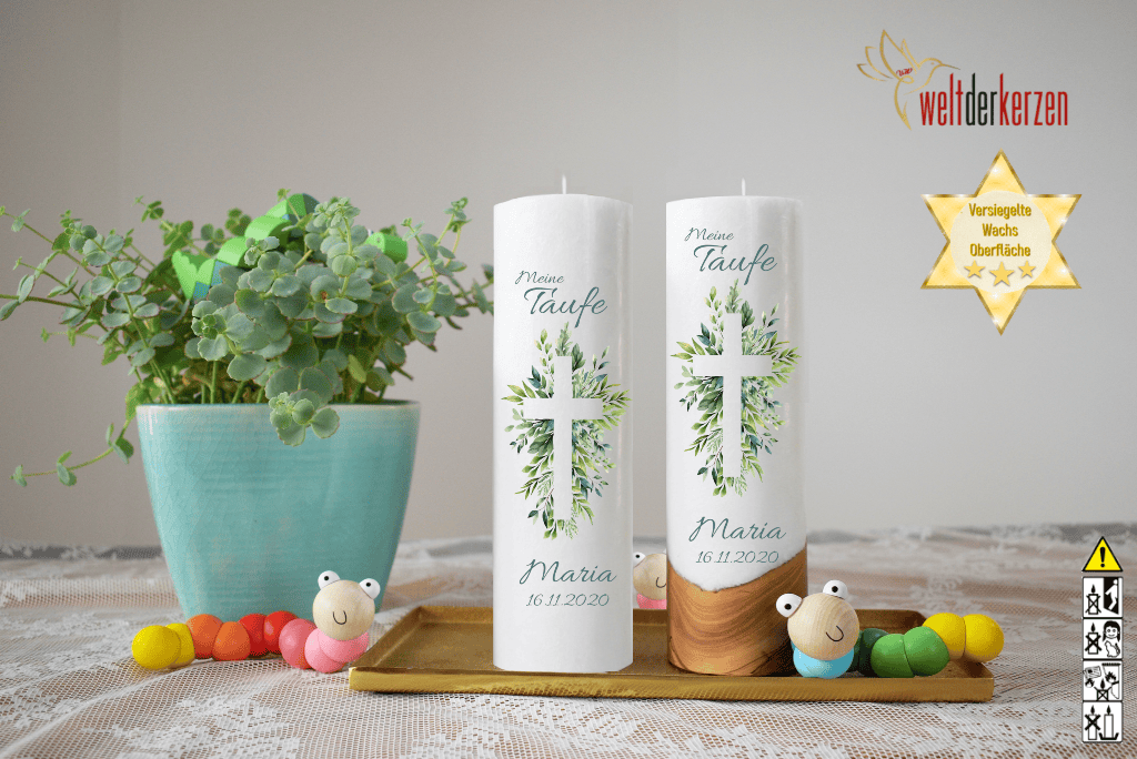 Taufkerze  Ø 6 oder 7 x 25 cm "Blätterkreuz"