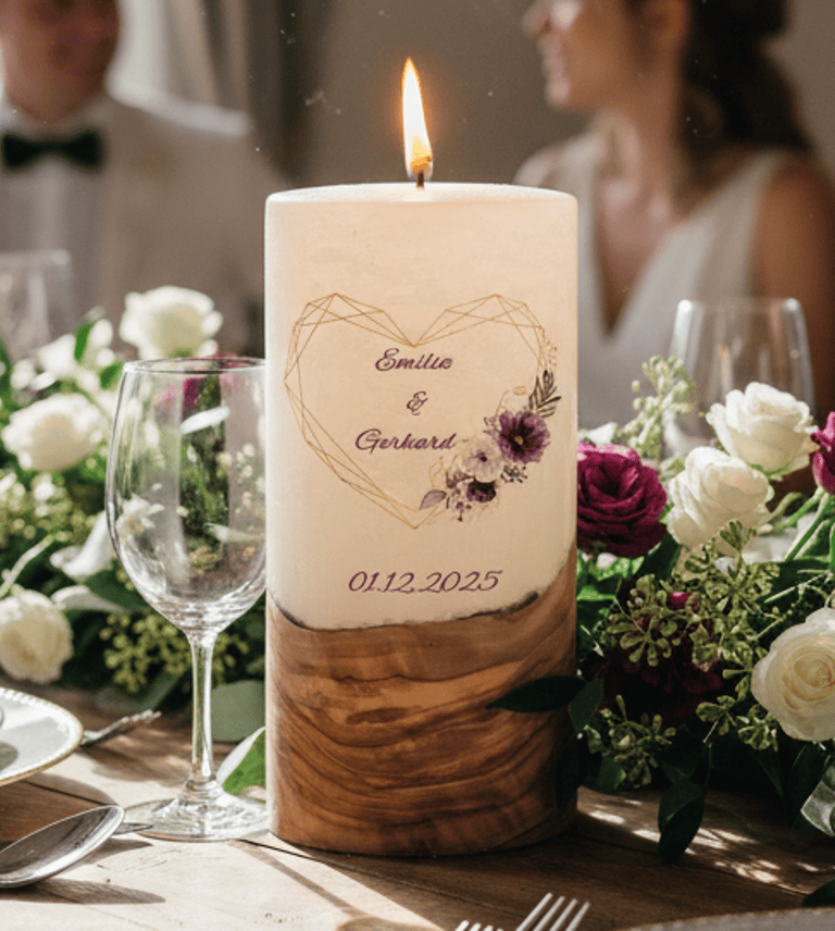"Herz in Lila" Hochzeitskerze mit Holzelement 20 cm hoch