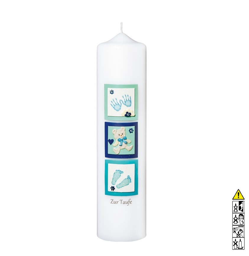 Taufkerze Hände Bär Füße hellblau 250 x 60 mm Taufkerze kaufen mit Motiv Hände Bär Füße hellblau 250 x 60 mm